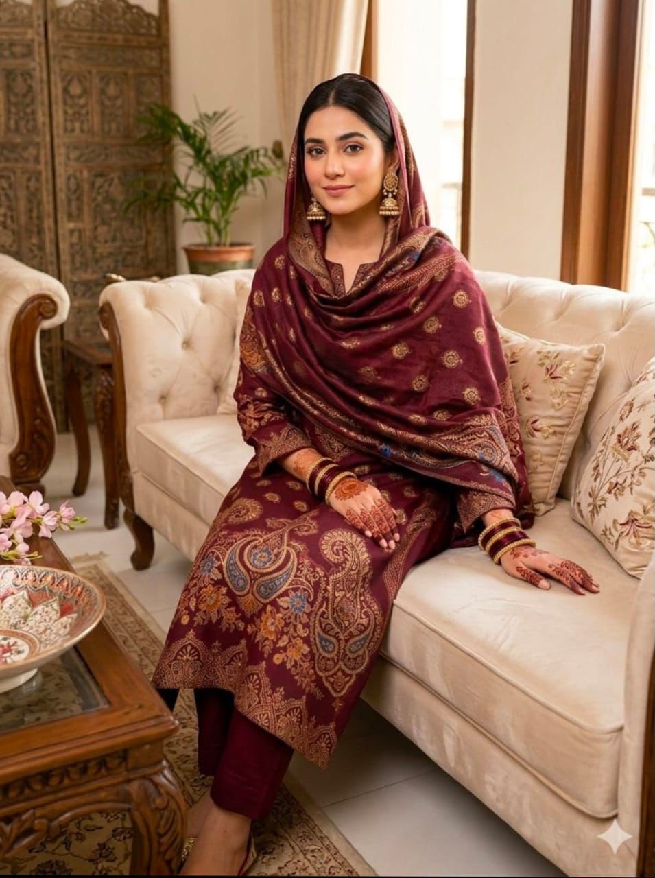 3PC KHAADI MARINA KASHMIRI JACQUARD BAROSHA MEHROON