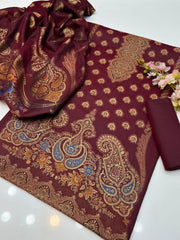 3PC KHAADI MARINA KASHMIRI JACQUARD BAROSHA MEHROON